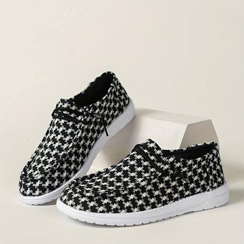 Women's Houndstooth Boat Shoes Lightweight Lace Up Flat Slip On Casual Sneakers