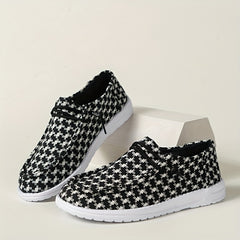 Women's Houndstooth Boat Shoes Lightweight Lace Up Flat Slip On Casual Sneakers