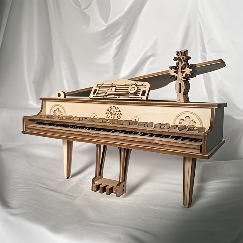 3D Wooden Piano Puzzle Craft Decor with Golden Accents