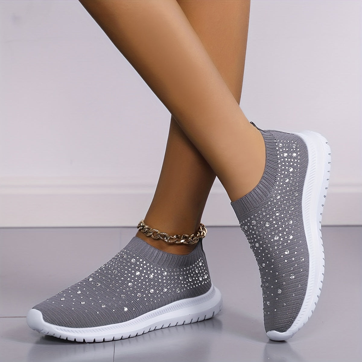 Women's Rhinestone Knitted Flats Slip On Shoes