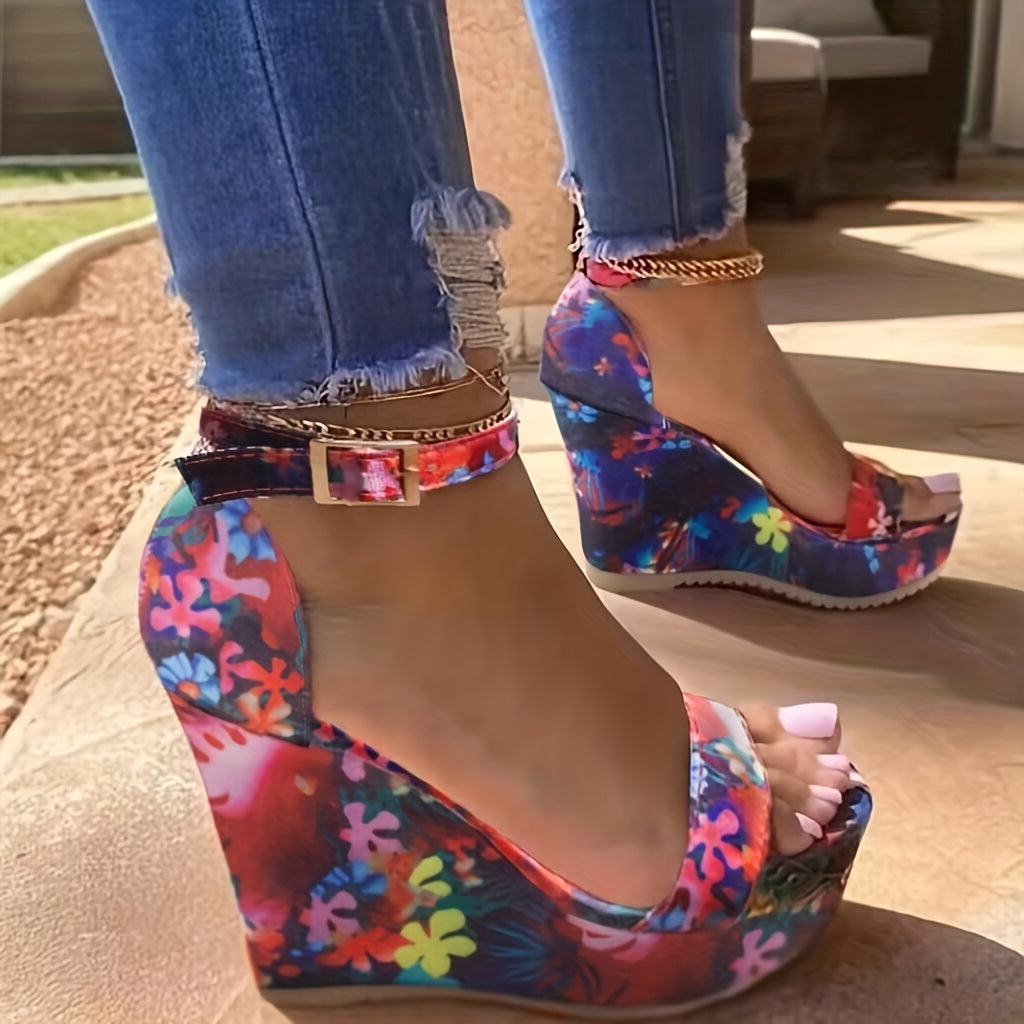 Floral Wedge Sandals Open Toe Ankle Strap Platform Sandals