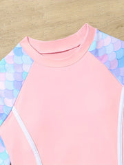 Quick Drying Fish Scale Print 2pc Swimsuits Girls Long Sleeve Top