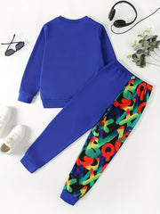 Boy's 2pcs Cartoon Letter Camo Sweatshirt & Sweatpants Set