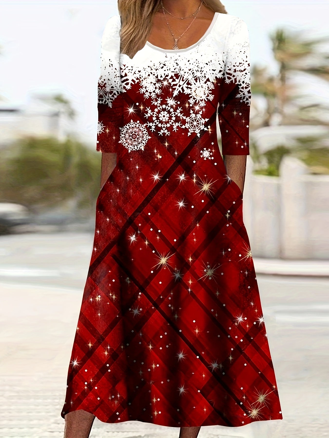 Women's Snowflake & Plaid Print Long Sleeve Dress