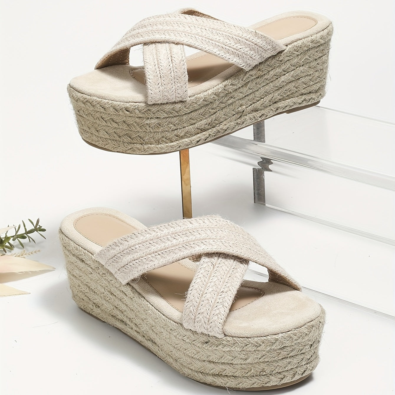 Women's Cross Strap Wedge Heeled Sandals - Slip On Platform Espadrille Shoes