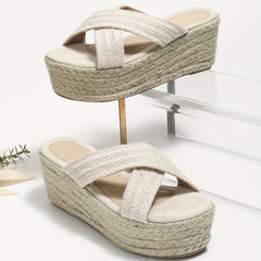 Women's Cross Strap Wedge Heeled Sandals - Slip On Platform Espadrille Shoes
