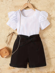 Girl's Ruffle Short Sleeve T shirt & Shorts Set with Bow Belt