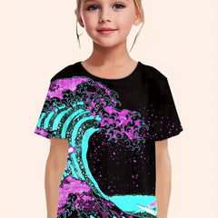 Sea Wave Print Short Sleeve T shirt Girls Comfy Pullover