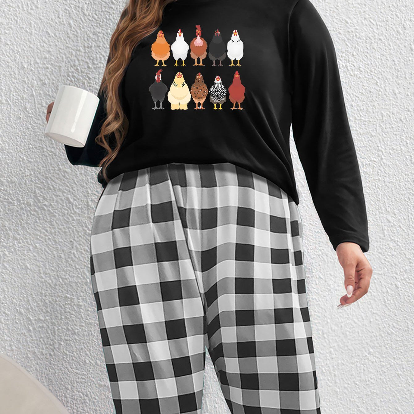 Chicken Print Top & Gingham Pants Pajama Set