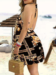 Boho Lounge Dress Women's Floral & Chain Print Halter Neck Tie Back