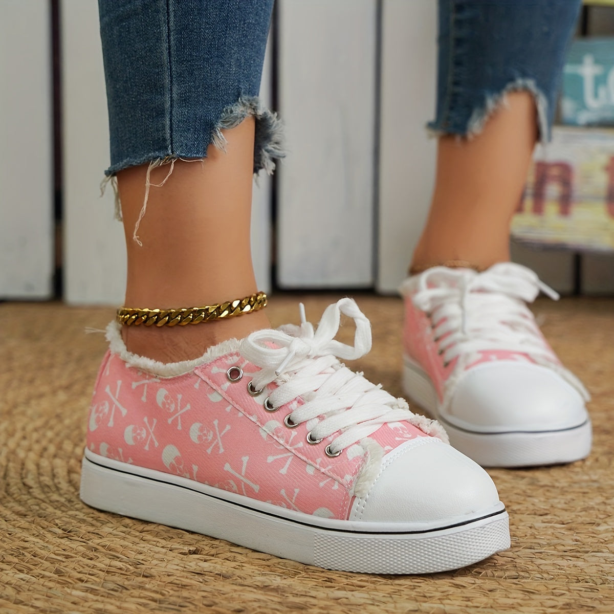 Pink Skull Pattern Sneakers Halloween Lace Up Low Top Flat Canvas Shoes