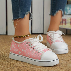 Pink Skull Pattern Sneakers Halloween Lace Up Low Top Flat Canvas Shoes