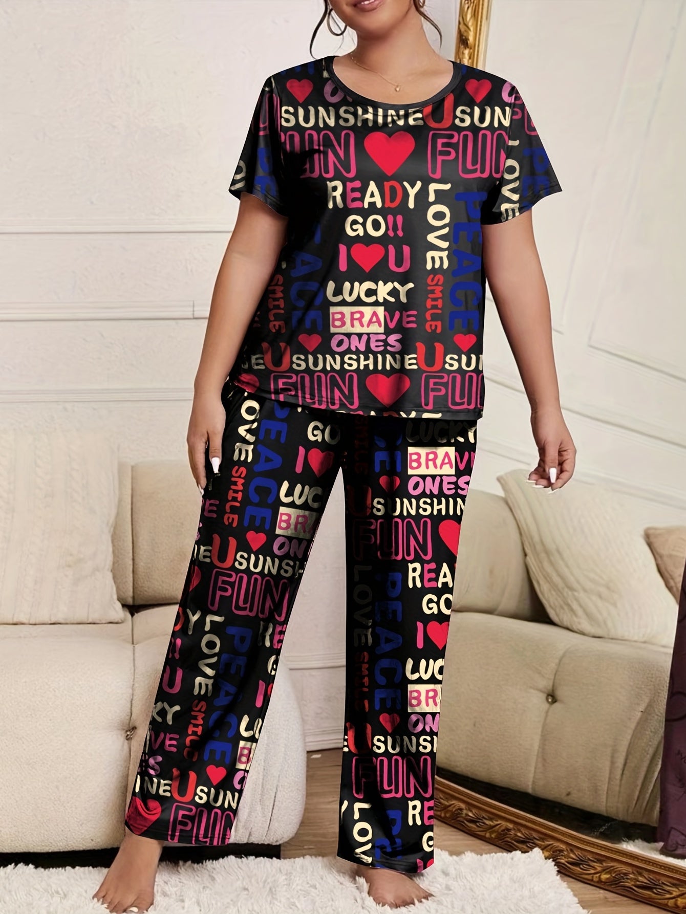 Heart & Letter Print Pajama Set Short Sleeve T-shirt & Pants