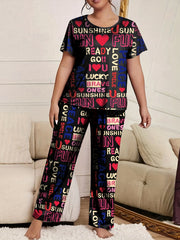 Heart & Letter Print Pajama Set Short Sleeve T-shirt & Pants
