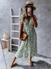 Floral Wrap Belted Dress V Neck Short Sleeve Women's Clothing