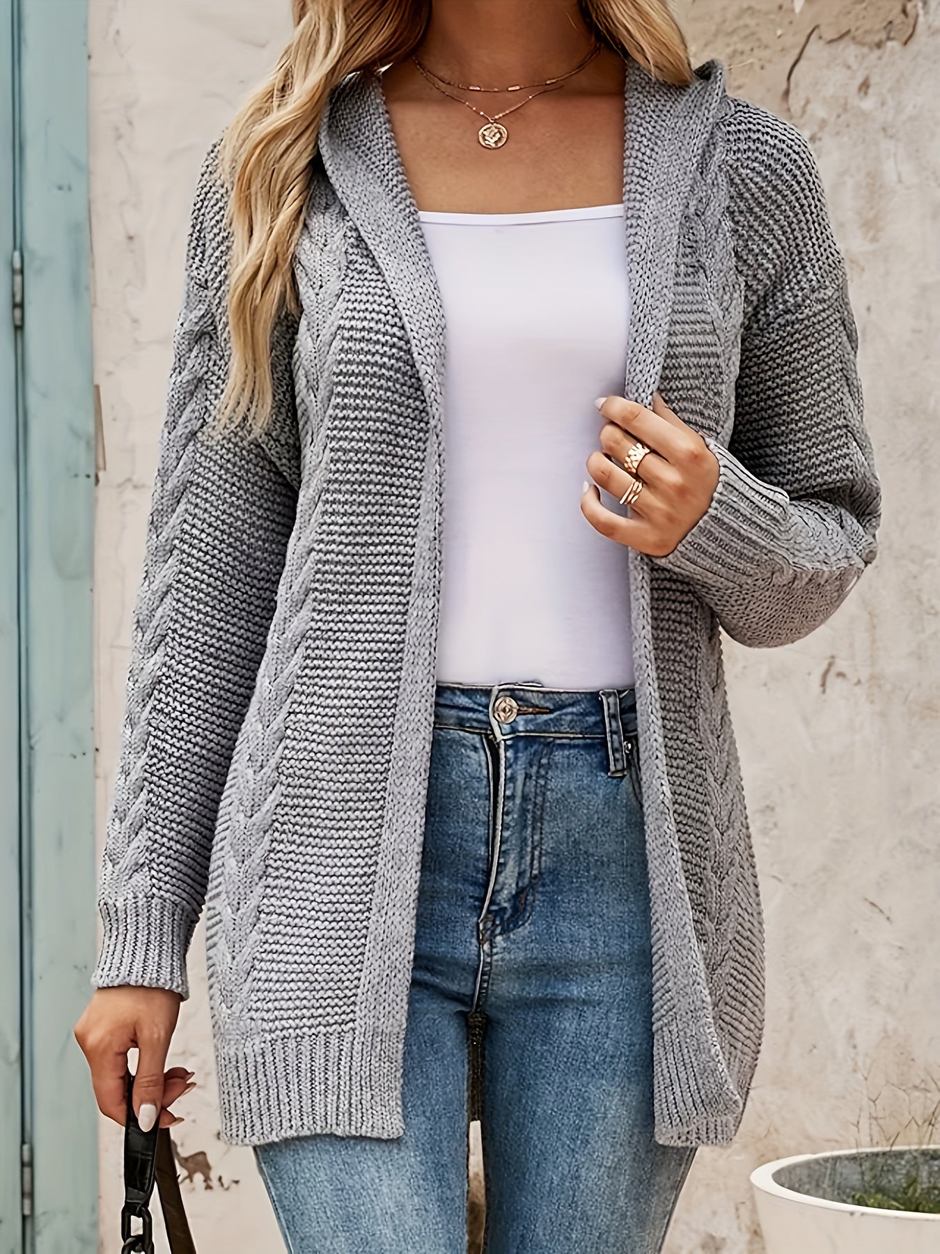 Solid Twist Knitted Cardigan Long Sleeve Outwear For Fall & Winter