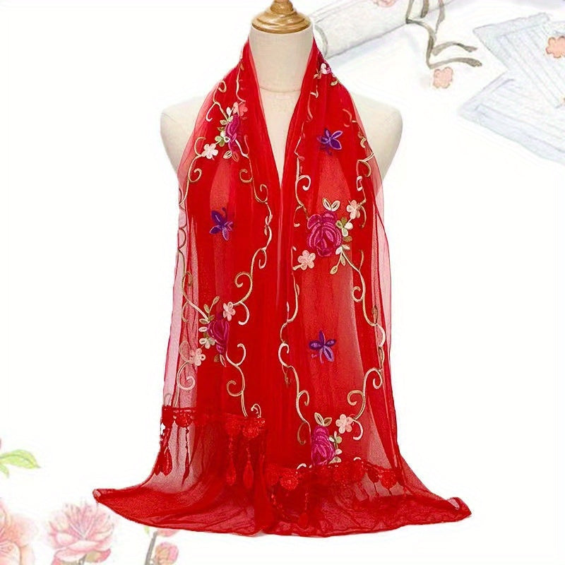 Flower Butterfly Embroidery Scarf Double Layer Lace Tassel Gauze Shawl