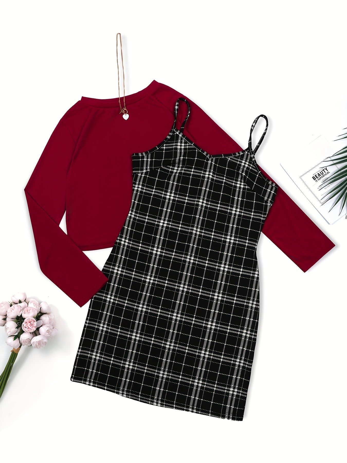 Preppy Two-piece Set Solid Long Sleeve Tops & Plaid Print Dress