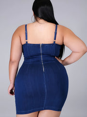 Sexy Plus Denim Dress Solid Scoop Neck Bodycon Mini
