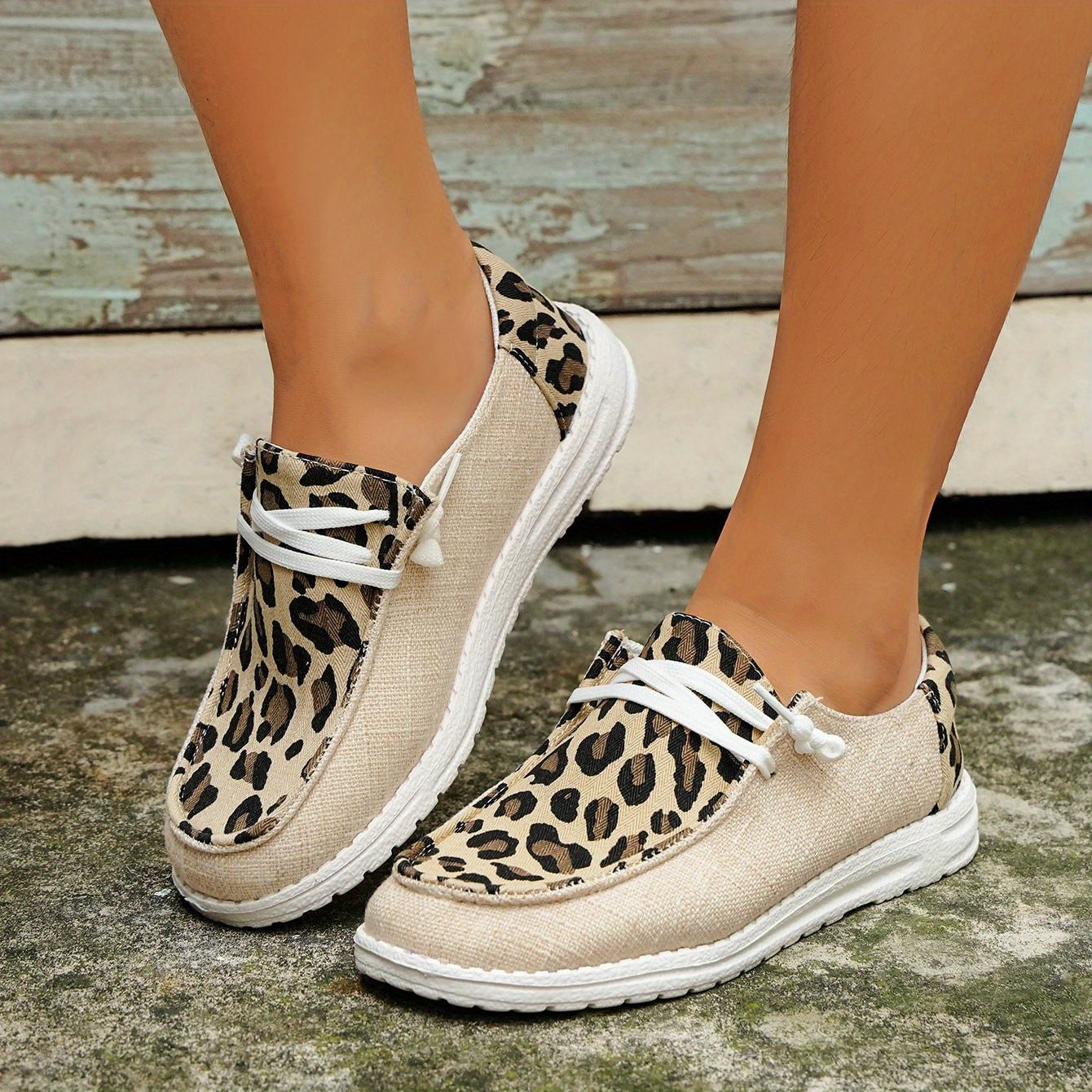Leopard Print Canvas Lace-Up Sneakers for Women