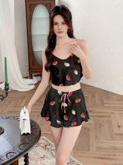 Strawberry Print Pajama Set V Neck Cami Top & Ruffle Shorts