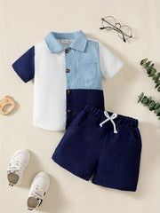 Boys Block Outfit Shorts & Shirt Short Sleeves Button Drawstring Waist