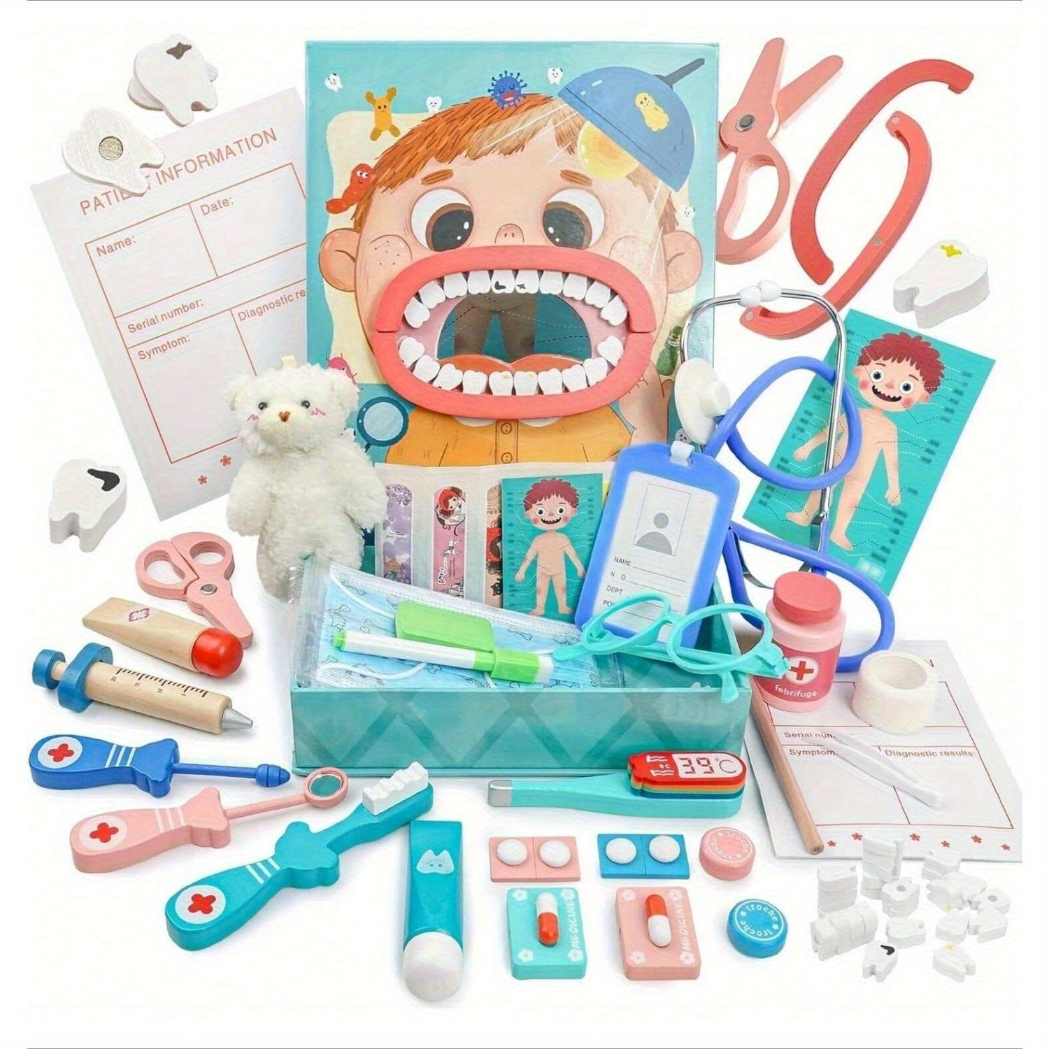 Kids Wooden Doctor Set 62pcs Dental Play Set with Stethoscope