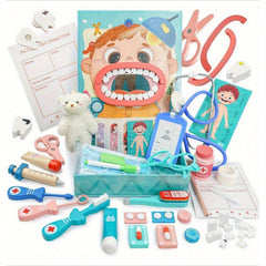 Kids Wooden Doctor Set 62pcs Dental Play Set with Stethoscope
