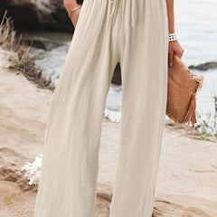 Solid Wide Leg Pants Casual Drawstring Waist Pants