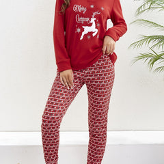 Elk Print Pajama Set Long Sleeve Top & Pants Women's Sleepwear