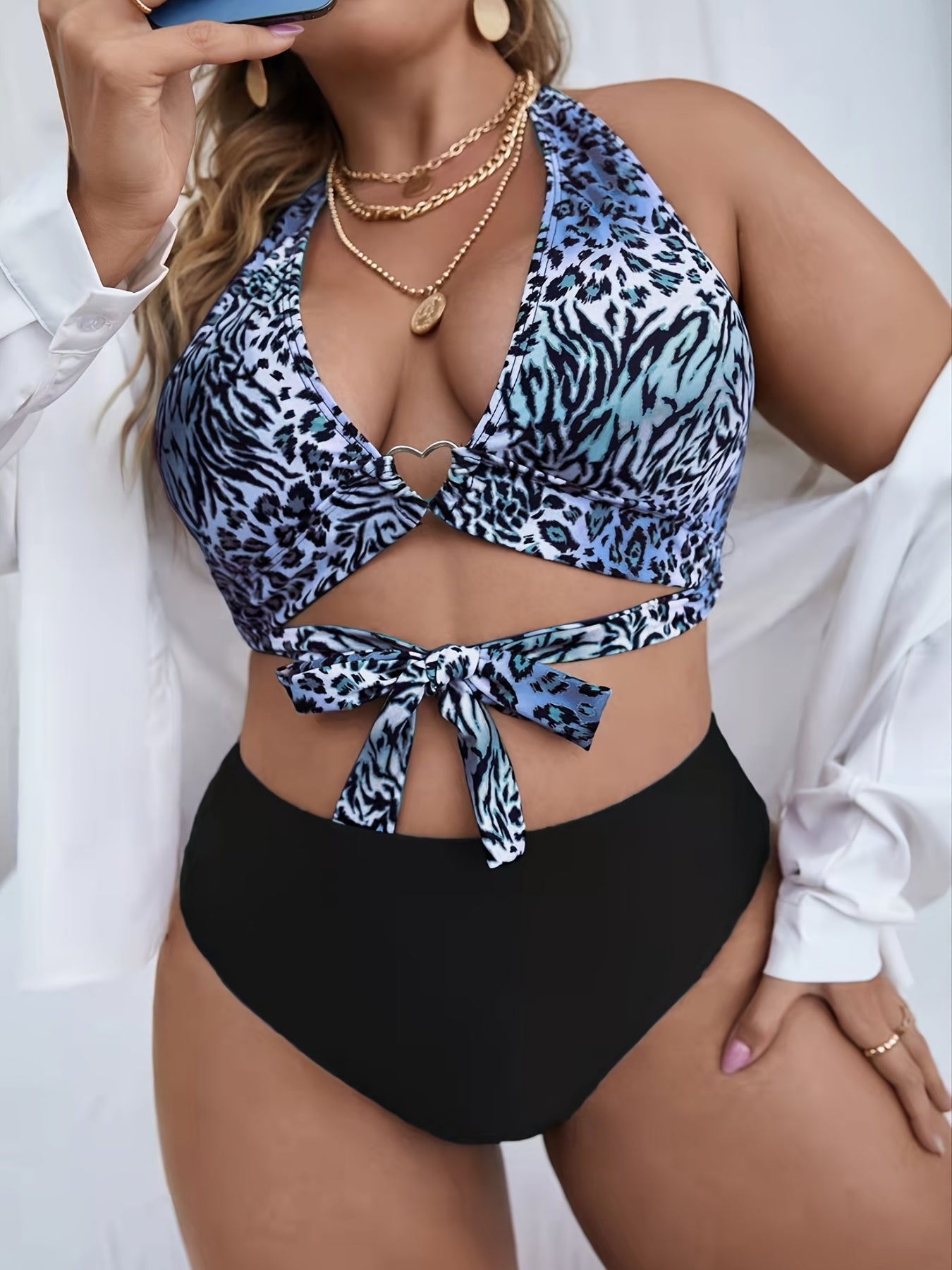 Heart Print Knot Front Top & Panties Swimsuit Set