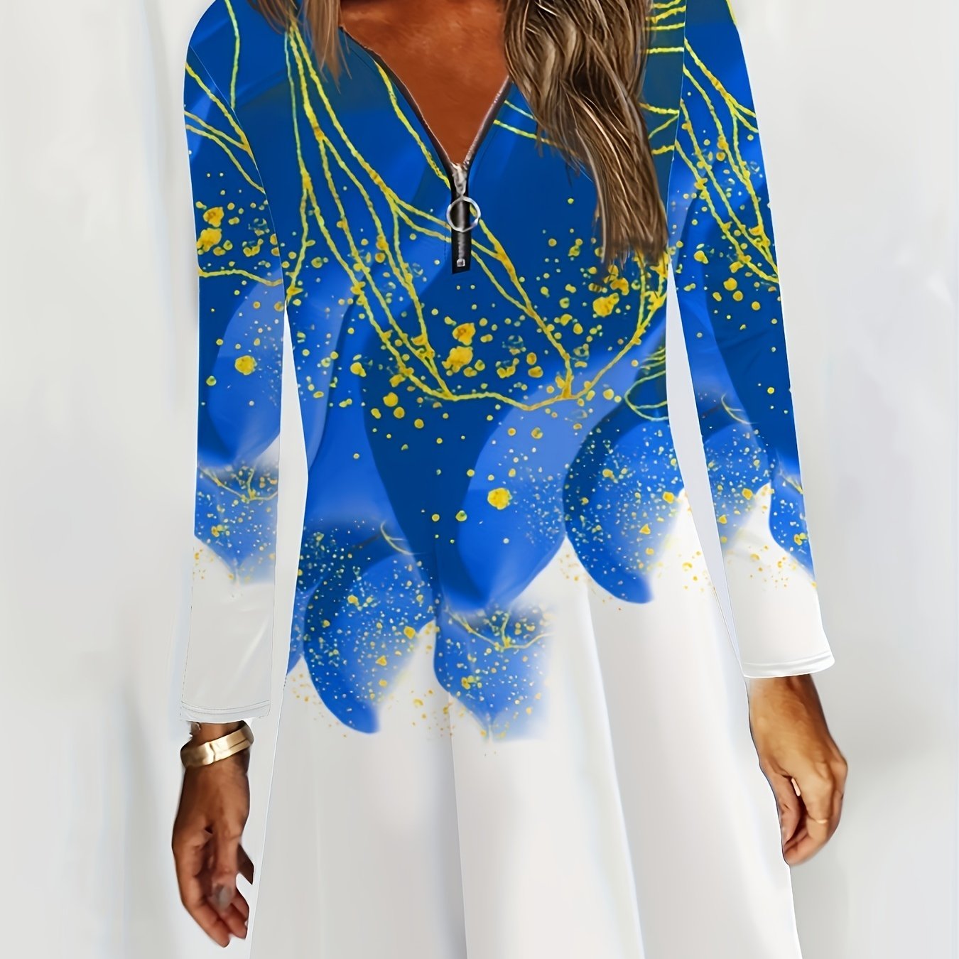 Women's Plus Marble Print Half Zipper A line Dress