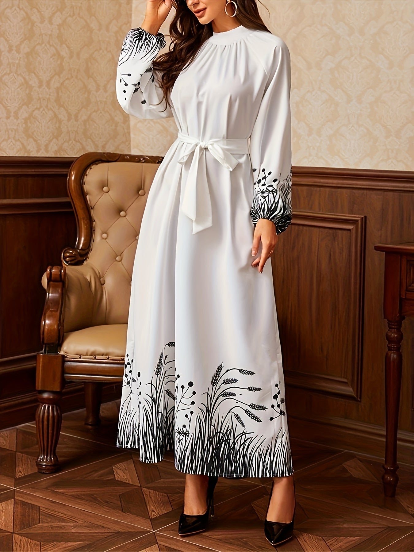 Plus Size Paddy Print Lantern Sleeve Kaftan Dress