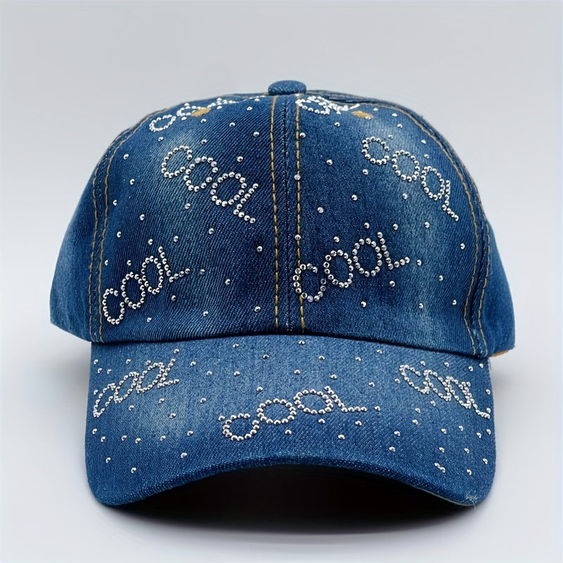 Rhinestone Decor Denim Baseball Cap Distressed Dad Hat Hip Hop Couple Sun Hats