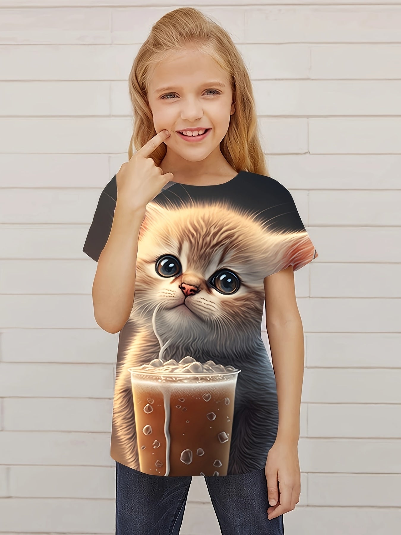 3D Cat Graphic Short Sleeve T Shirt for Girls