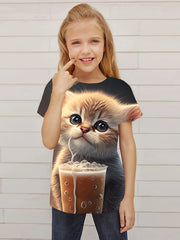 3D Cat Graphic Short Sleeve T Shirt for Girls