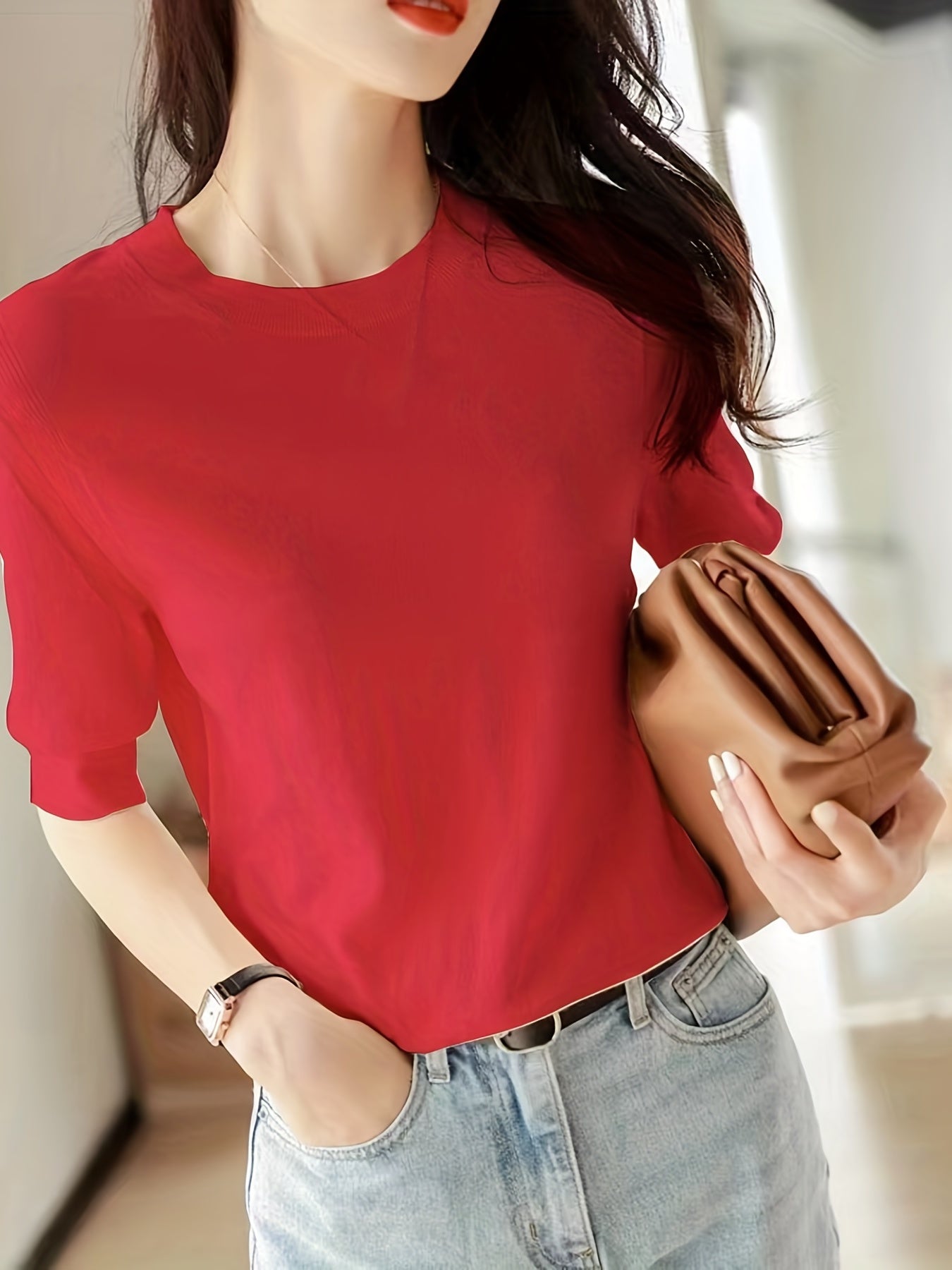 Half Sleeve Knit Sweater Crew Neck Solid Sweater For Spring & Summer