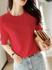 Half Sleeve Knit Sweater Crew Neck Solid Sweater For Spring & Summer