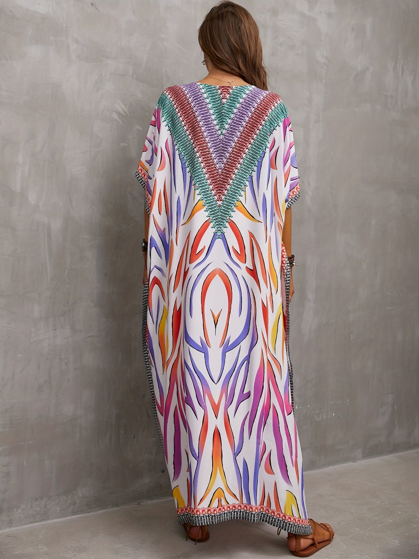 Stripes Floral Geometric Print Kaftan Cover Up Dress V Neck Maxi Boho Bohemian