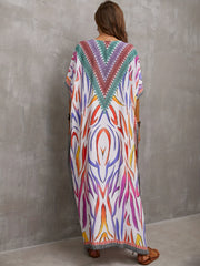Stripes Floral Geometric Print Kaftan Cover Up Dress V Neck Maxi Boho Bohemian