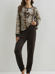 Leopard Print Pajamas Set Long Sleeve Crew Neck Top & Pants