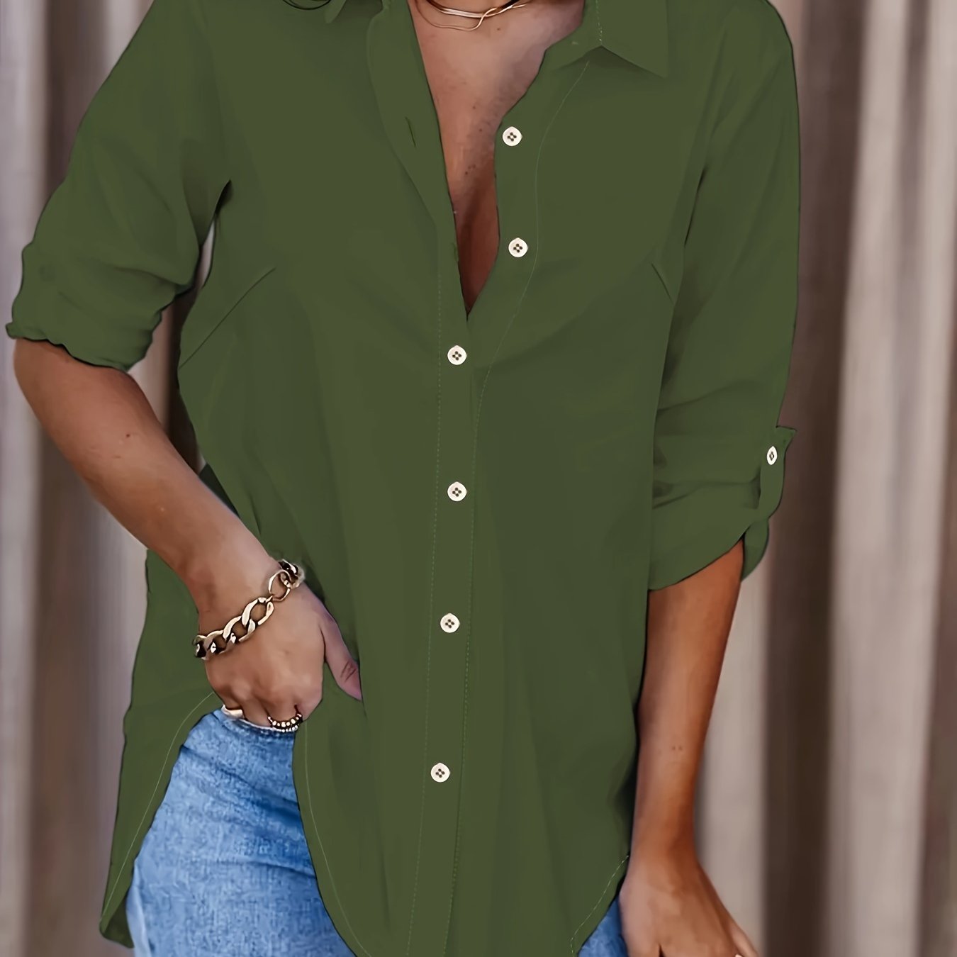 Women's Plus Solid Button Up Roll Up Sleeve Casual Blouse