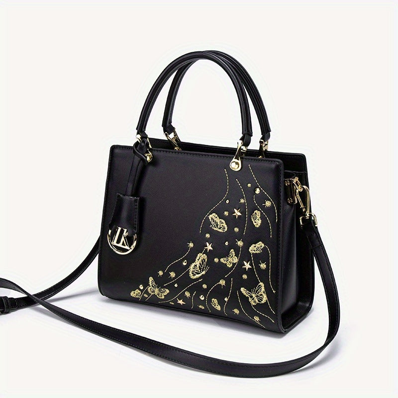 Geometric Floral Crossbody Bag Golden Tone Zipper Closure Polyester Lining