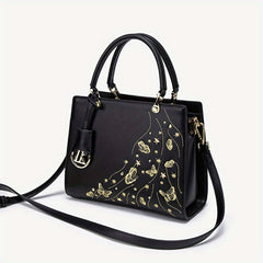 Geometric Floral Crossbody Bag Golden Tone Zipper Closure Polyester Lining