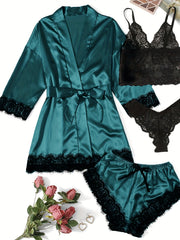 Lace Lounge Set Robe & Cami & Panties & Shorts
