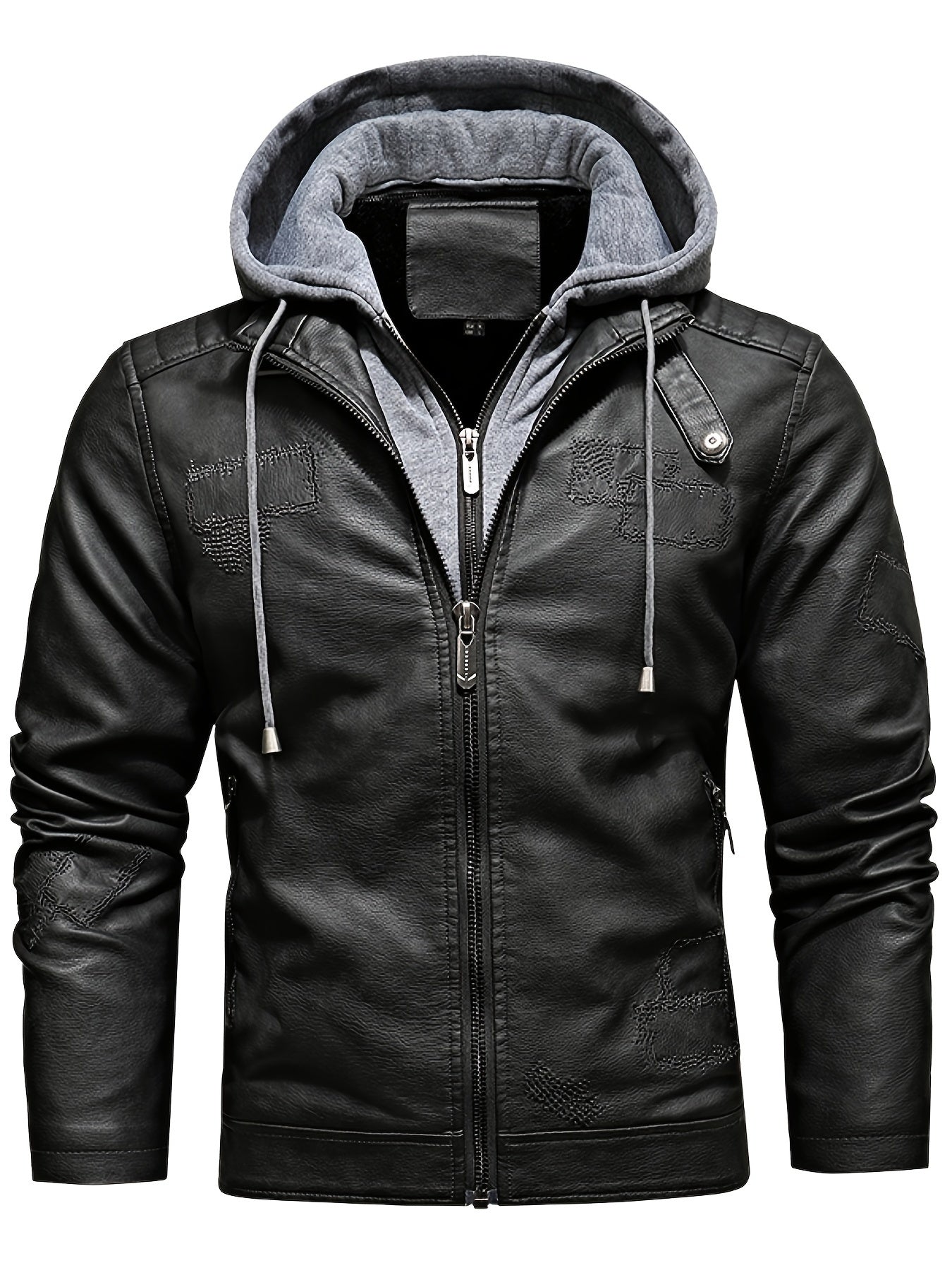 Men's Removable Hooded PU Leather Jacket Slim Fit Zipper Fleece Jacket