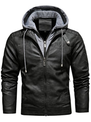 Men's Removable Hooded PU Leather Jacket Slim Fit Zipper Fleece Jacket