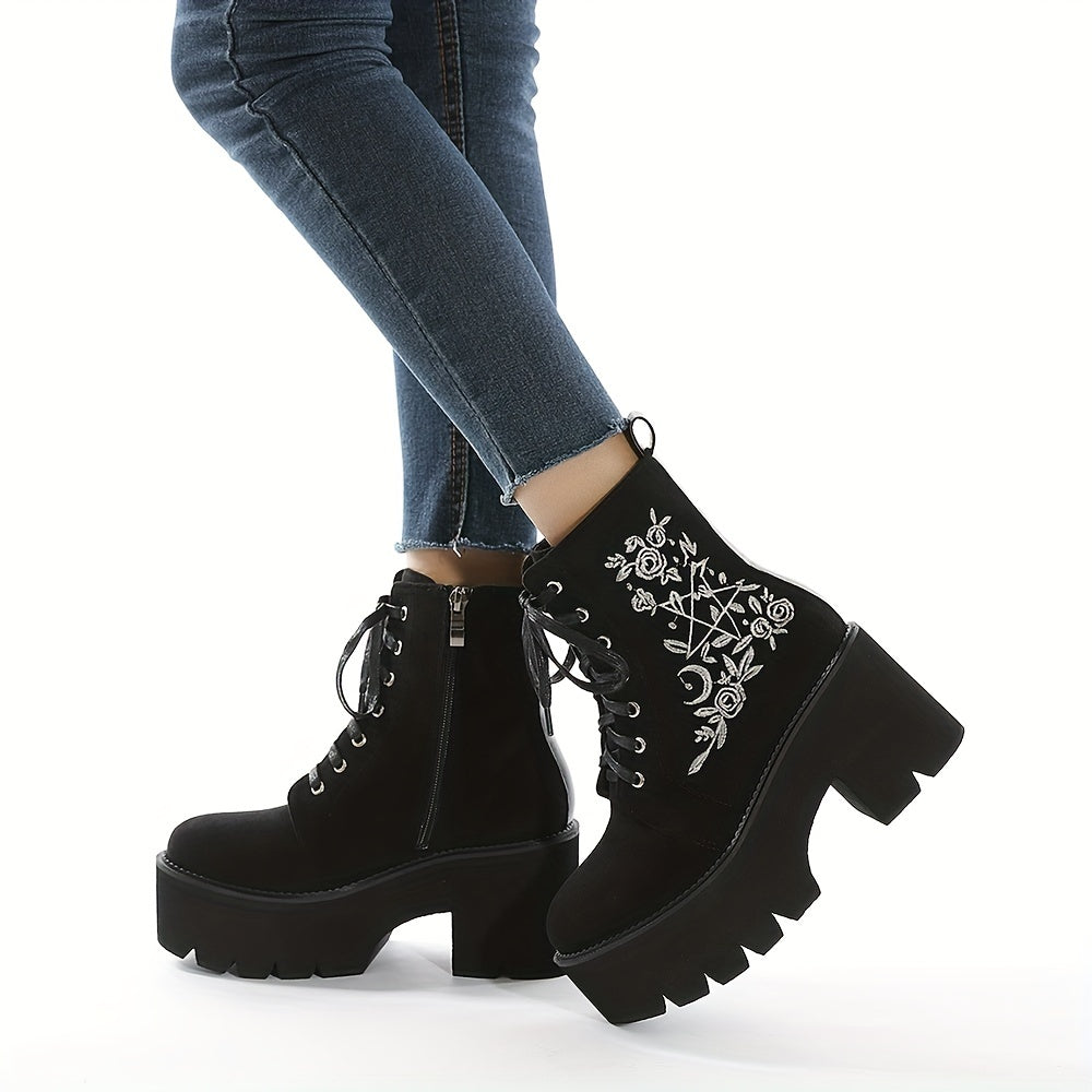 Women's Side Zipper Boots with Flower Embroidery Details