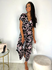 Floral Print Surplice Neck Jumpsuit Ruffle Sleeve Wide Leg