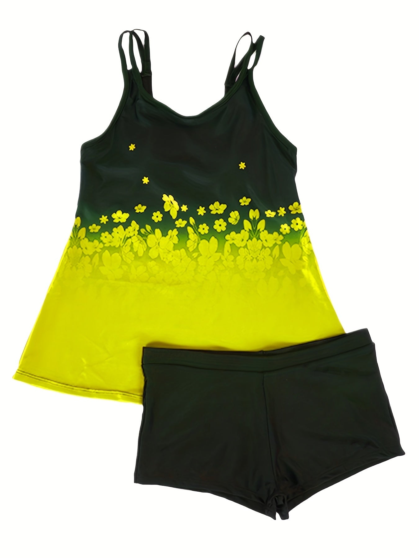 Floral Print Tankini Set Round Neck High Stretch Boxer Short Bottom Two Pieces